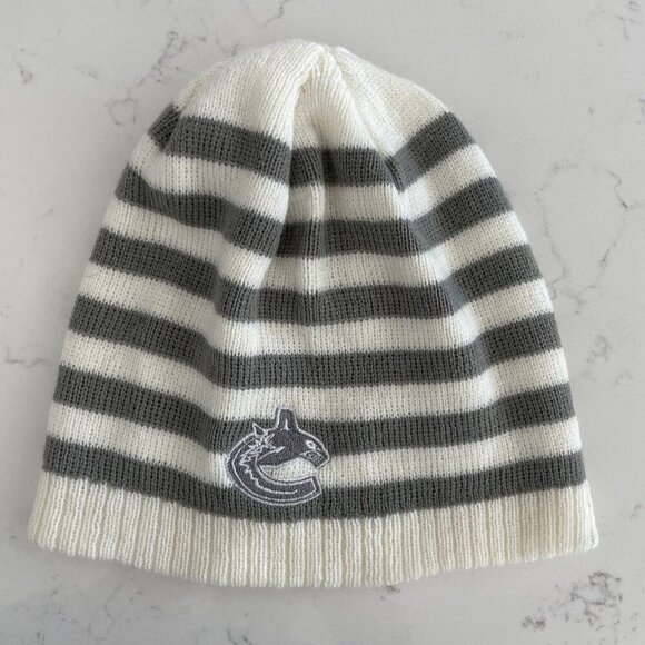 NHL Vanc Canucks Neutral Striped Knit Acrylic Toque Grey Off White/Cream SZ OS - Picture 5 of 5